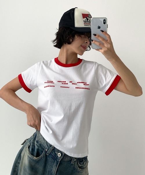 UNE MANSION(ユヌマンション)の「ユニークロゴバイカラークロップド半袖Tシャツ(Tシャツ/カットソー・レディース・ブラック/ホワイト/グリーン/レッド・FREE)」の13枚目の写真