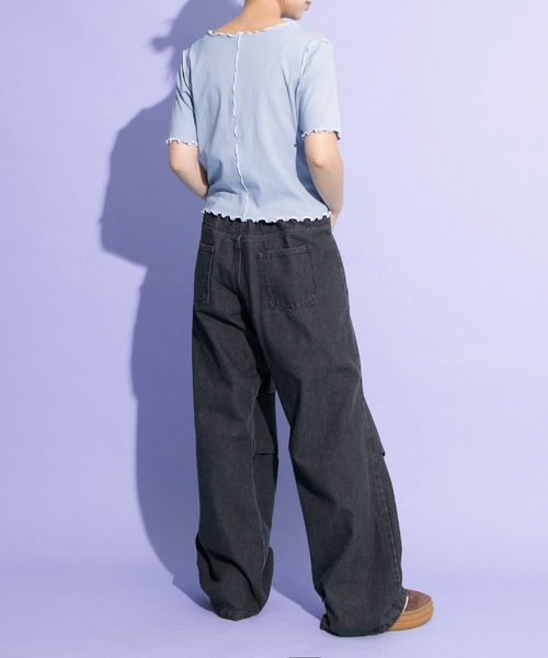 PUNYUS（プニュズ）の「レースアップ配色メロウＴシャツ（Tシャツ/カットソー・レディース・ブラック/サックスブルー・1/2/3/4）」の7枚目の写真