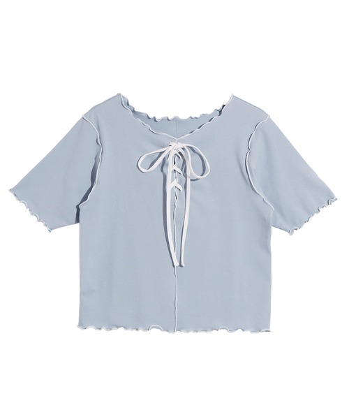 PUNYUS（プニュズ）の「レースアップ配色メロウＴシャツ（Tシャツ/カットソー・レディース・ブラック/サックスブルー・1/2/3/4）」の13枚目の写真