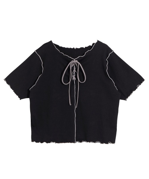 PUNYUS（プニュズ）の「レースアップ配色メロウＴシャツ（Tシャツ/カットソー・レディース・ブラック/サックスブルー・1/2/3/4）」の14枚目の写真