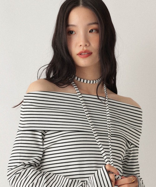 Heather(ヘザー)の「タイ付きオフショルカットソー 593366(Tシャツ/カットソー・レディース・グレー/グレー系その他/ホワイト系その他・FREE)」の2枚目の写真