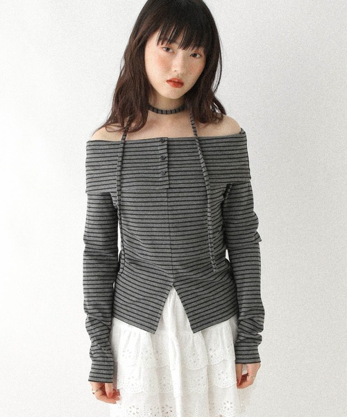 Heather(ヘザー)の「タイ付きオフショルカットソー 593366(Tシャツ/カットソー・レディース・グレー/グレー系その他/ホワイト系その他・FREE)」の3枚目の写真
