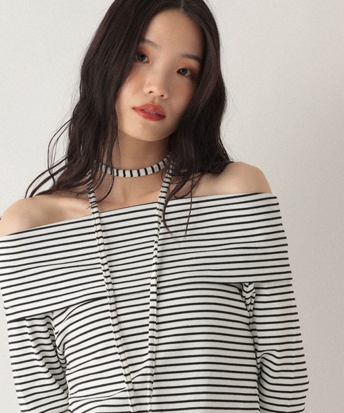 Heather(ヘザー)の「タイ付きオフショルカットソー 593366(Tシャツ/カットソー・レディース・グレー/グレー系その他/ホワイト系その他・FREE)」の4枚目の写真