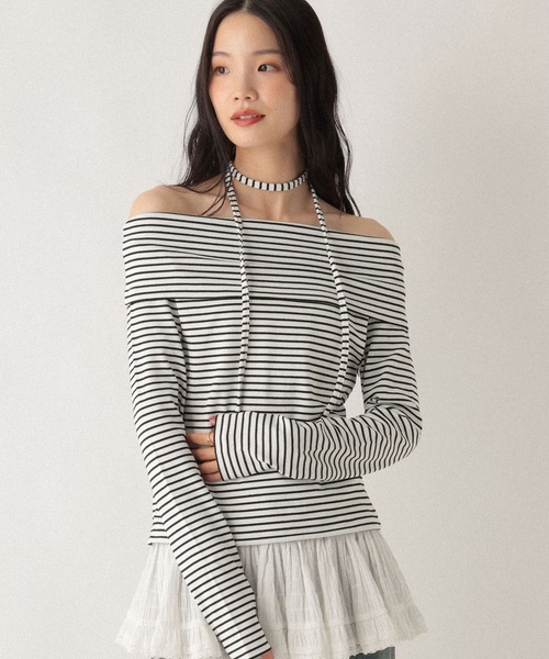 Heather(ヘザー)の「タイ付きオフショルカットソー 593366(Tシャツ/カットソー・レディース・グレー/グレー系その他/ホワイト系その他・FREE)」の5枚目の写真