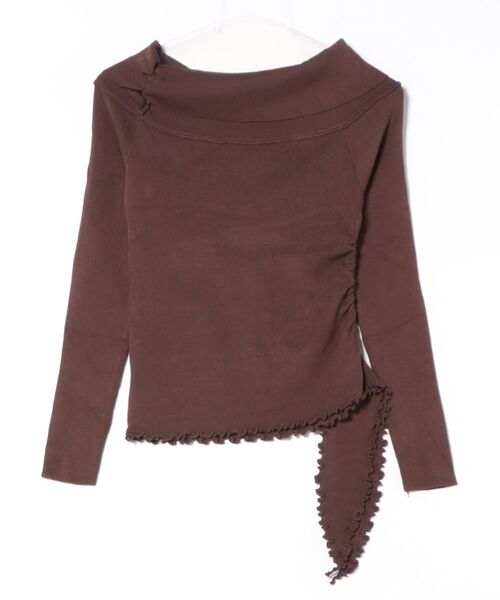 Lace Ladies(レースレディース)の「サイド ギャザー オフショル 裾メロウ トップス(Tシャツ/カットソー・レディース・ブラック/ブラウン/ホワイト・FREE)」の4枚目の写真