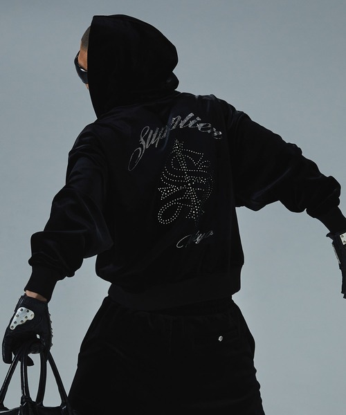 ベロアフーディ｜Cross Rhinestone Velour Zip Hoodie｜SUPPLIER