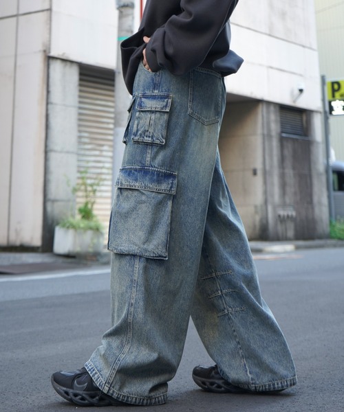 ILL'S（イルズ）の「ヴィンテージメイク レトロライク Y2Kグランジ ケミカル加工 マルチポケットデニムカーゴパンツ（デニムパンツ・メンズ・ブラック/サックスブルー/ブラウン・L/M）」の13枚目の写真