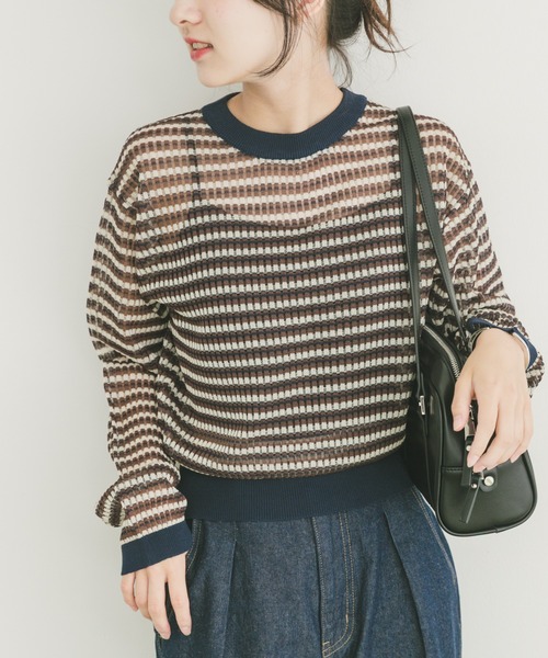 セール】シアーボーダーロングスリーブニット（ニット/セーター