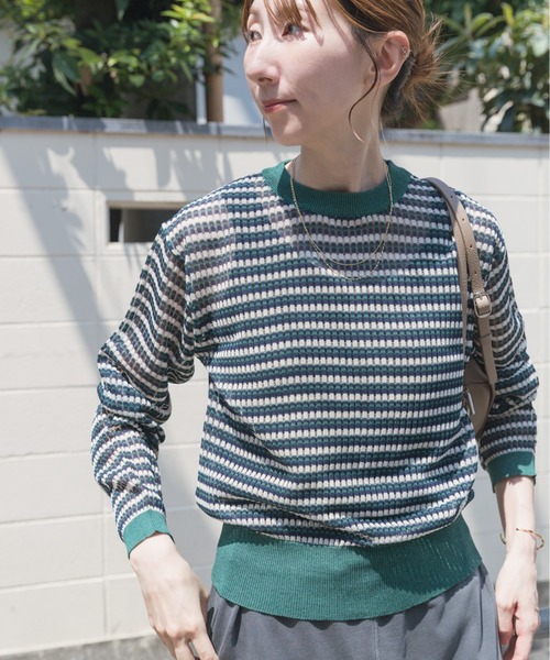 セール】シアーボーダーロングスリーブニット（ニット/セーター