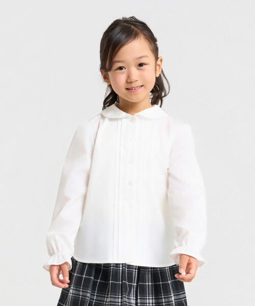 セール】丸襟ピンタック長袖 ブラウス(110-130cm)（シャツ/ブラウス