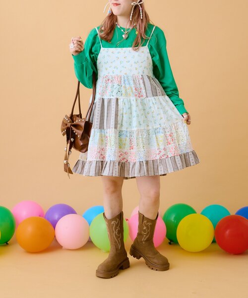 ワンダフルワールド 黒 勿忘草 チェックパッチワークキャミワンピース ワンダフルワールド 黒 勿忘草 チェックパッチワークキャミ