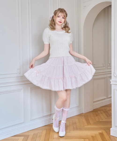 mellfy memory（メルフィーメモリー）の「Pearl cable knit Lace arm warmer ニット（ニット/セーター・レディース・ホワイト/ピンク・FREE）」の4枚目の写真