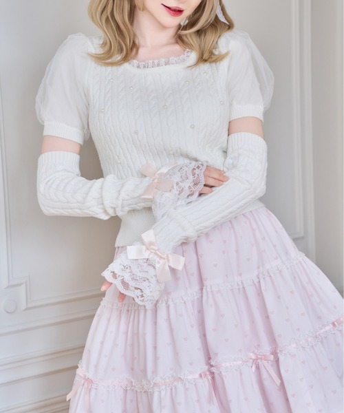 mellfy memory（メルフィーメモリー）の「Pearl cable knit Lace arm warmer ニット（ニット/セーター・レディース・ホワイト/ピンク・FREE）」の3枚目の写真