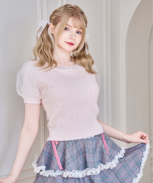 mellfy memory（メルフィーメモリー）の「Pearl cable knit Lace arm warmer ニット（ニット/セーター・レディース・ホワイト/ピンク・FREE）」の6枚目の写真
