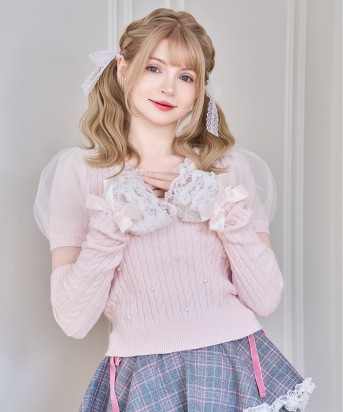 mellfy memory（メルフィーメモリー）の「Pearl cable knit Lace arm warmer ニット（ニット/セーター・レディース・ホワイト/ピンク・FREE）」の19枚目の写真