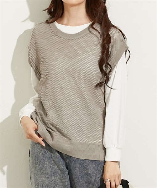 nissen(ニッセン)の「2点セット(ニットベスト+トップス)(Tシャツ/カットソー・レディース・グリーン/ブラック/グレー・M/L/LL)」の2枚目の写真