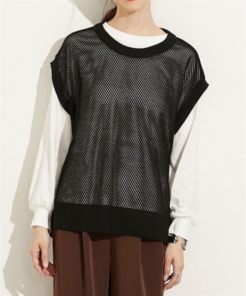 nissen(ニッセン)の「2点セット(ニットベスト+トップス)(Tシャツ/カットソー・レディース・グリーン/ブラック/グレー・M/L/LL)」の4枚目の写真