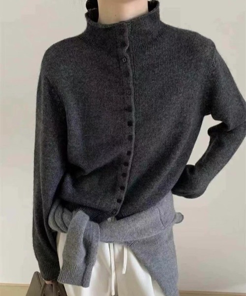 グレー ニットカーディガン 長袖 フロントボタン セール】フロントボタン ハイネック ニット カーディガン