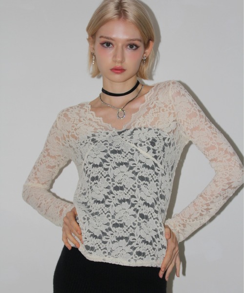 IMARI(イマリ)の「【 IMARI / イマリ 】 ケミカルレース シャーリング トップス #(Tシャツ/カットソー・レディース・アイボリー/ブラック・FREE)」の3枚目の写真