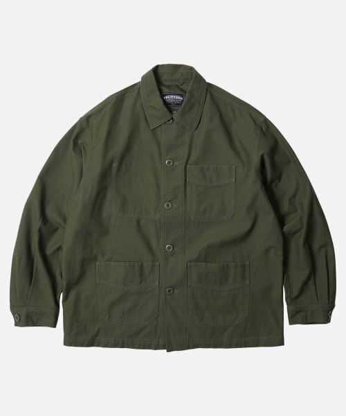 FRIZMWORKS(フリズムワークス)の「BACKSATIN FRENCH WORK JACKET _ OLIVE(その他アウター・メンズ・その他・SMALL/MEDIUM/LARGE/X-LARGE)」の1枚目の写真