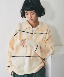 キーネック鹿の子編み切替ニット