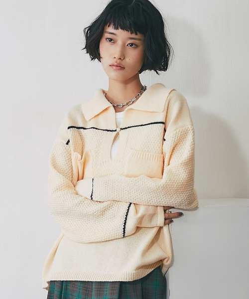 ANOTHER S(アナザーエス)の「キーネック鹿の子編み切替ニット(ニット/セーター・レディース・ボルドー/ネイビー/アイボリー・FREE)」の4枚目の写真