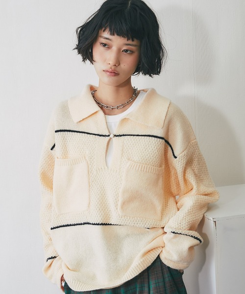 ANOTHER S(アナザーエス)の「キーネック鹿の子編み切替ニット(ニット/セーター・レディース・ボルドー/ネイビー/アイボリー・FREE)」の10枚目の写真