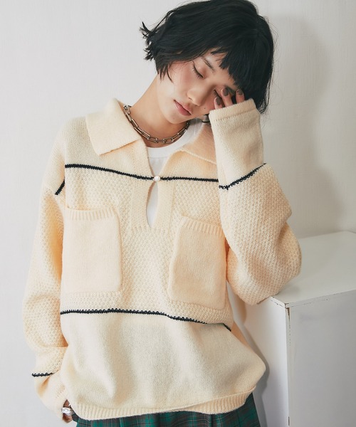 ANOTHER S(アナザーエス)の「キーネック鹿の子編み切替ニット(ニット/セーター・レディース・ボルドー/ネイビー/アイボリー・FREE)」の14枚目の写真