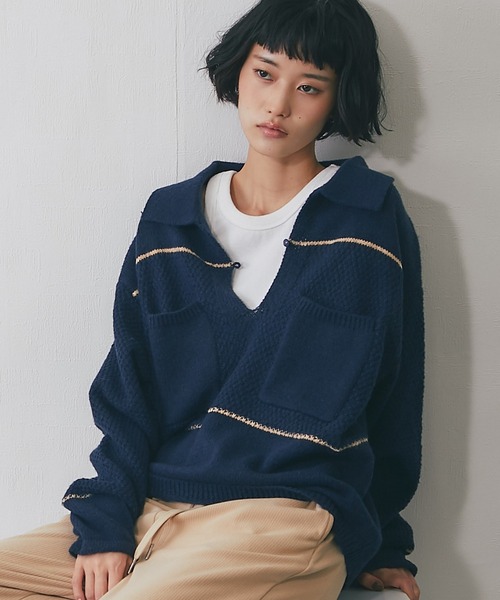 ANOTHER S(アナザーエス)の「キーネック鹿の子編み切替ニット(ニット/セーター・レディース・ボルドー/ネイビー/アイボリー・FREE)」の17枚目の写真