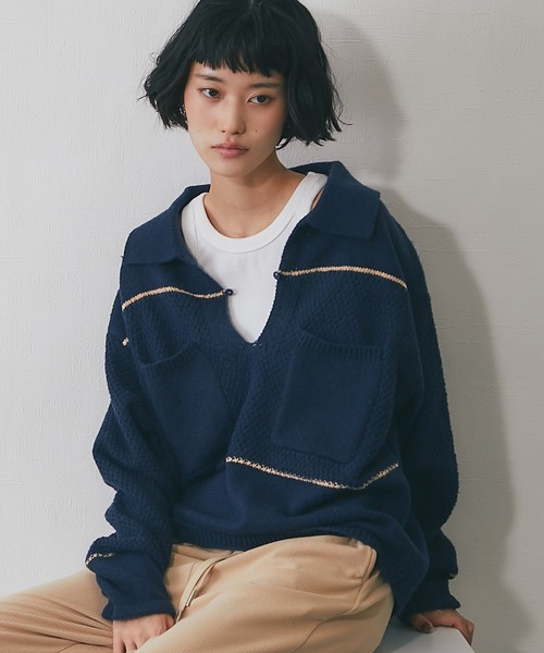 ANOTHER S(アナザーエス)の「キーネック鹿の子編み切替ニット(ニット/セーター・レディース・ボルドー/ネイビー/アイボリー・FREE)」の20枚目の写真