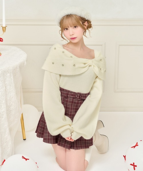 セール】【8周年記念アイテム】ビジューリボンニットトップス