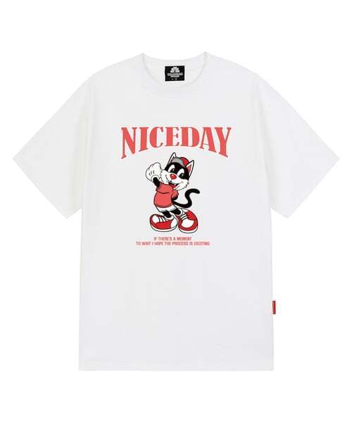 TRIPSHION(トリップション)の「NICEDAY ピンクキャットグラフィックTシャツ - ホワイト(Tシャツ/カットソー・メンズ・その他・LARGE/MEDIUM/X-LARGE)」の1枚目の写真
