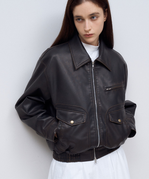セール】Vegan Leather Vintage Bomber Jacket in Brown（ライダース