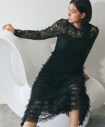 Vネックチュールデザインロング丈ワンピースドレス チュールデザインVネックロングワンピース（ドレス）｜SMILE ORCHID