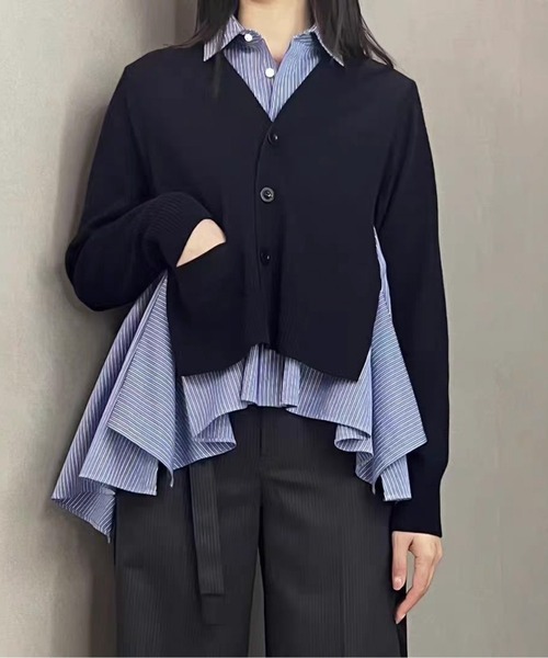 AMAJI(アマジ)の「レイヤード風シャツ×ニットカーディガン(カーディガン/ボレロ・レディース・ネイビー/ホワイト/ブラック・FREE)」の3枚目の写真