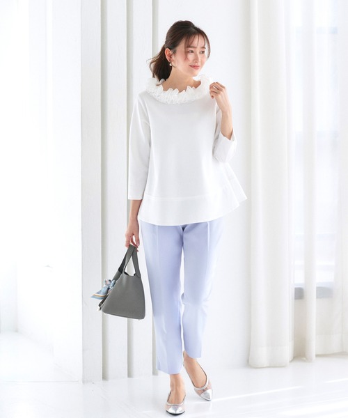 RUIRUE BOUTIQUE(ルイルエブティック)の「洗える/ストレッチ | フリル オーガンジー スムース カットソー | トップス・ブラウス・オケージョンブラウス・長袖ブラウス・きれいめカットソー・オフィスカジュアルトップス(シャツ/ブラウス・レディース・ネイビー/ブラック×ベージュ/ホワイト・S/M/L)」の12枚目の写真