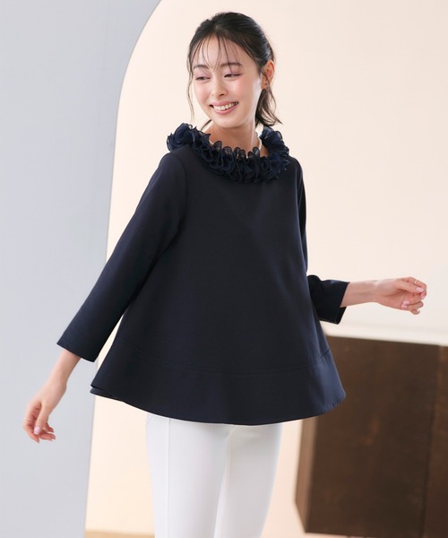 RUIRUE BOUTIQUE(ルイルエブティック)の「洗える/ストレッチ | フリル オーガンジー スムース カットソー | トップス・ブラウス・オケージョンブラウス・長袖ブラウス・きれいめカットソー・オフィスカジュアルトップス(シャツ/ブラウス・レディース・ネイビー/ブラック×ベージュ/ホワイト・S/M/L)」の15枚目の写真