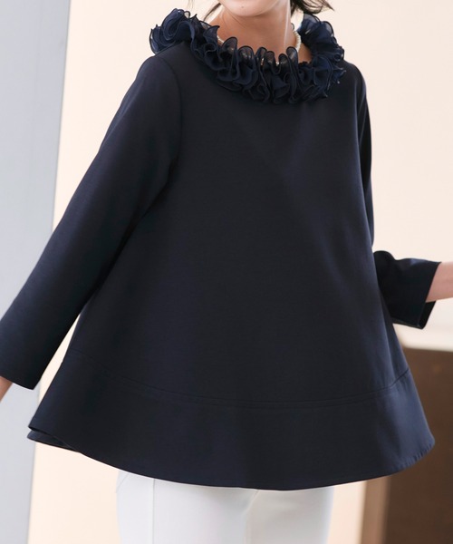 RUIRUE BOUTIQUE(ルイルエブティック)の「洗える/ストレッチ | フリル オーガンジー スムース カットソー | トップス・ブラウス・オケージョンブラウス・長袖ブラウス・きれいめカットソー・オフィスカジュアルトップス(シャツ/ブラウス・レディース・ネイビー/ブラック×ベージュ/ホワイト・S/M/L)」の19枚目の写真
