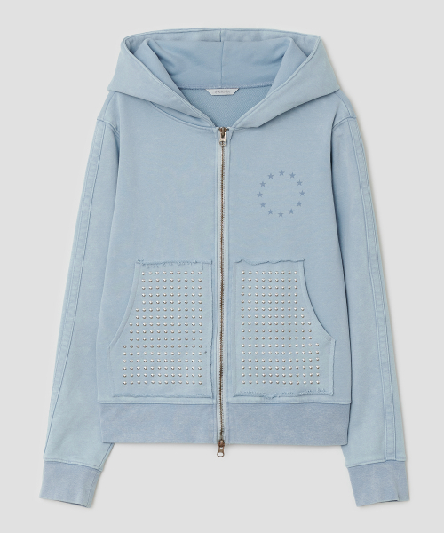 Washed Rhinestone Zip Hoodie [Blue] — потертая толстовка‑худи с молнией и стразами, синяя