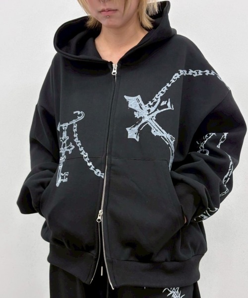 ARULE(アルール)の「A'GEM/9 × .kom 『ARULE/アルール』Chain Cross Graphic Zip Hoodie /短丈チェーンクロスグラフィックZIPパーカー(パーカー・レディース・グレー/ブラック・FREE)」の9枚目の写真