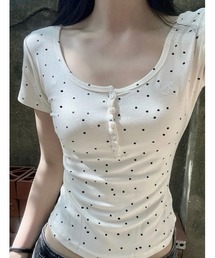 【春夏新作】ミニドット柄ヘンリーネックコンパクト半袖Tシャツ