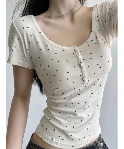 LADY LIKE(レディライク)の「ミニドット柄ヘンリーネックコンパクト半袖Tシャツ(Tシャツ/カットソー・レディース・ホワイト/アイボリー・M)」の8枚目の写真