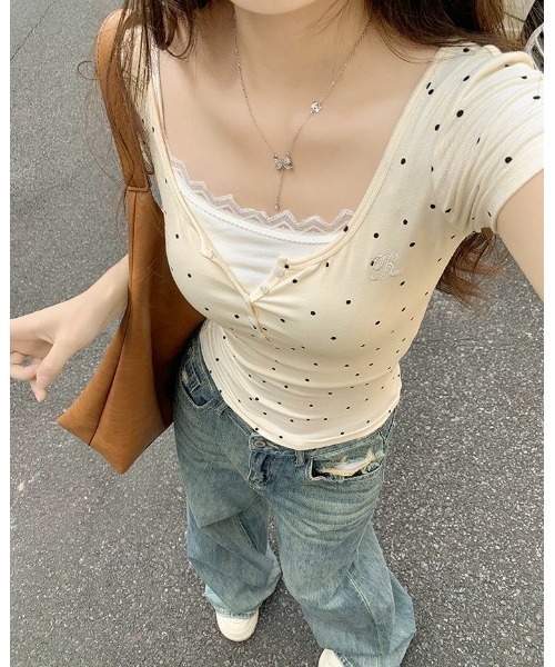LADY LIKE(レディライク)の「ミニドット柄ヘンリーネックコンパクト半袖Tシャツ(Tシャツ/カットソー・レディース・ホワイト/アイボリー・M)」の7枚目の写真
