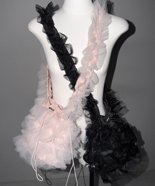 2color 】チュールフリル巾着ミニショルダーバッグ／ tulle frill