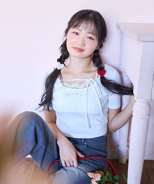 Mi-je(ミジェ)の「ラインストーンクロップド半袖Tシャツ(Tシャツ/カットソー・レディース・オフホワイト/ピンク・F)」の15枚目の写真