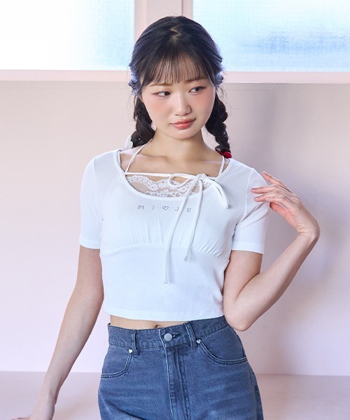 Mi-je(ミジェ)の「ラインストーンクロップド半袖Tシャツ(Tシャツ/カットソー・レディース・オフホワイト/ピンク・F)」の13枚目の写真