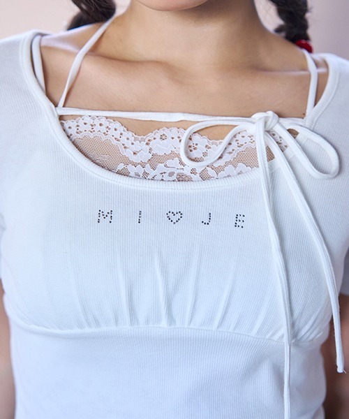 Mi-je(ミジェ)の「ラインストーンクロップド半袖Tシャツ(Tシャツ/カットソー・レディース・オフホワイト/ピンク・F)」の11枚目の写真
