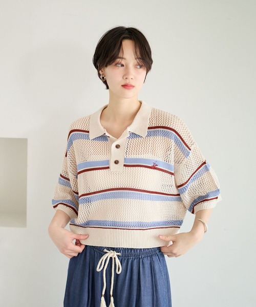 BEVERLY HILLS POLO CLUB(ビバリーヒルズポロクラブ)の「【BEVERLY HILLS POLO CLUB】別注メッシュニットポロ(ポロシャツ・レディース・ネイビー/イエロー/ホワイト・FREE)」の2枚目の写真