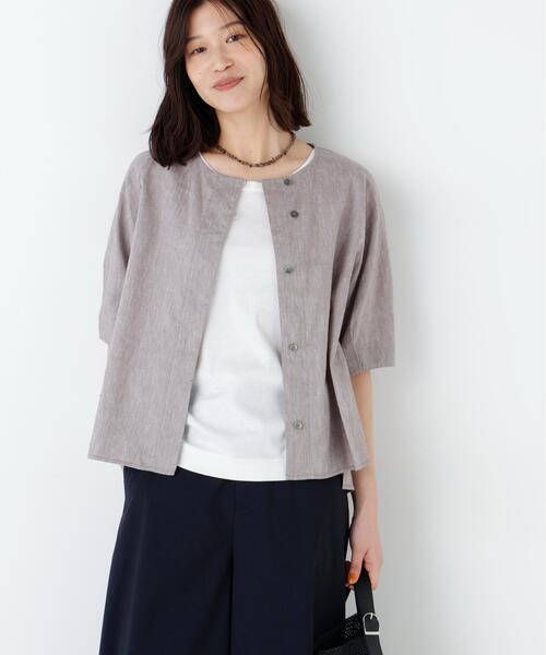 human woman(ヒューマンウーマン)の「◆【ウォッシャブル】リネンコットンシャンブレータックスリーブブラウス(シャツ/ブラウス・レディース・ブラウン/グレー・MEDIUM)」の10枚目の写真