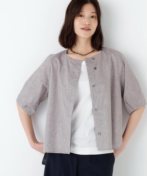 human woman(ヒューマンウーマン)の「◆【ウォッシャブル】リネンコットンシャンブレータックスリーブブラウス(シャツ/ブラウス・レディース・ブラウン/グレー・MEDIUM)」の3枚目の写真
